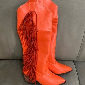 Nasty Gal Vibrant Orange Fringe Heeled Boots